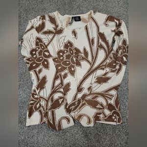 Charolette Tarantola Cardigan. Brown and Cream with Sequined Bird. Size Medium.